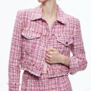 House of Harlow Tweed Cropped Jacket in Candy Pink Women Size L Retails $279‎